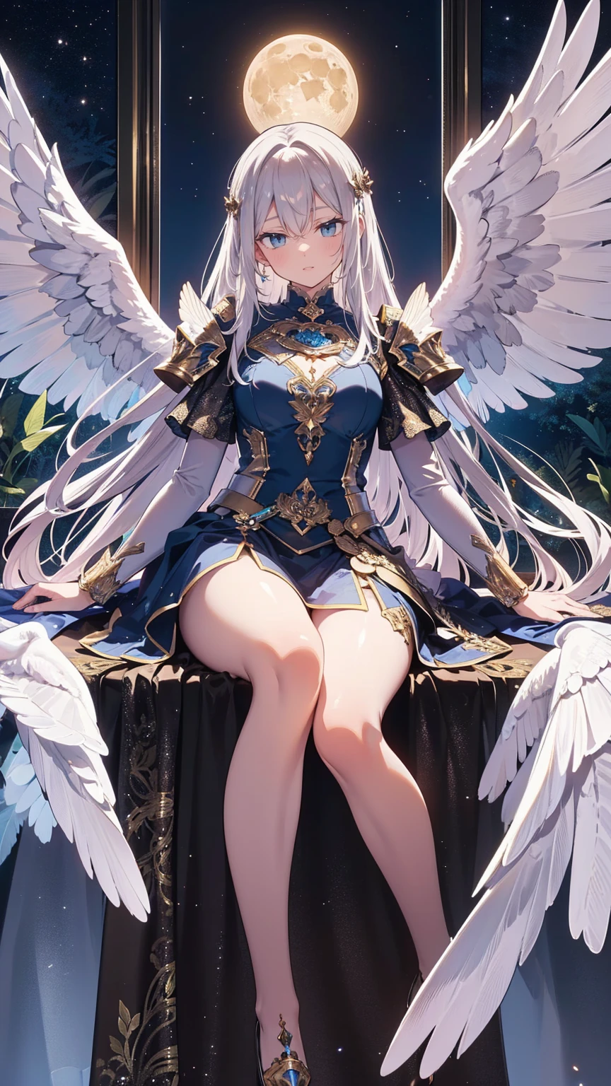 ((masterpiece)), (Highest quality), (Simple style), Silver hair, long hair, blue eyes, heaven, angel wings, military uniform, skirt, sitting, throne, crossed legs