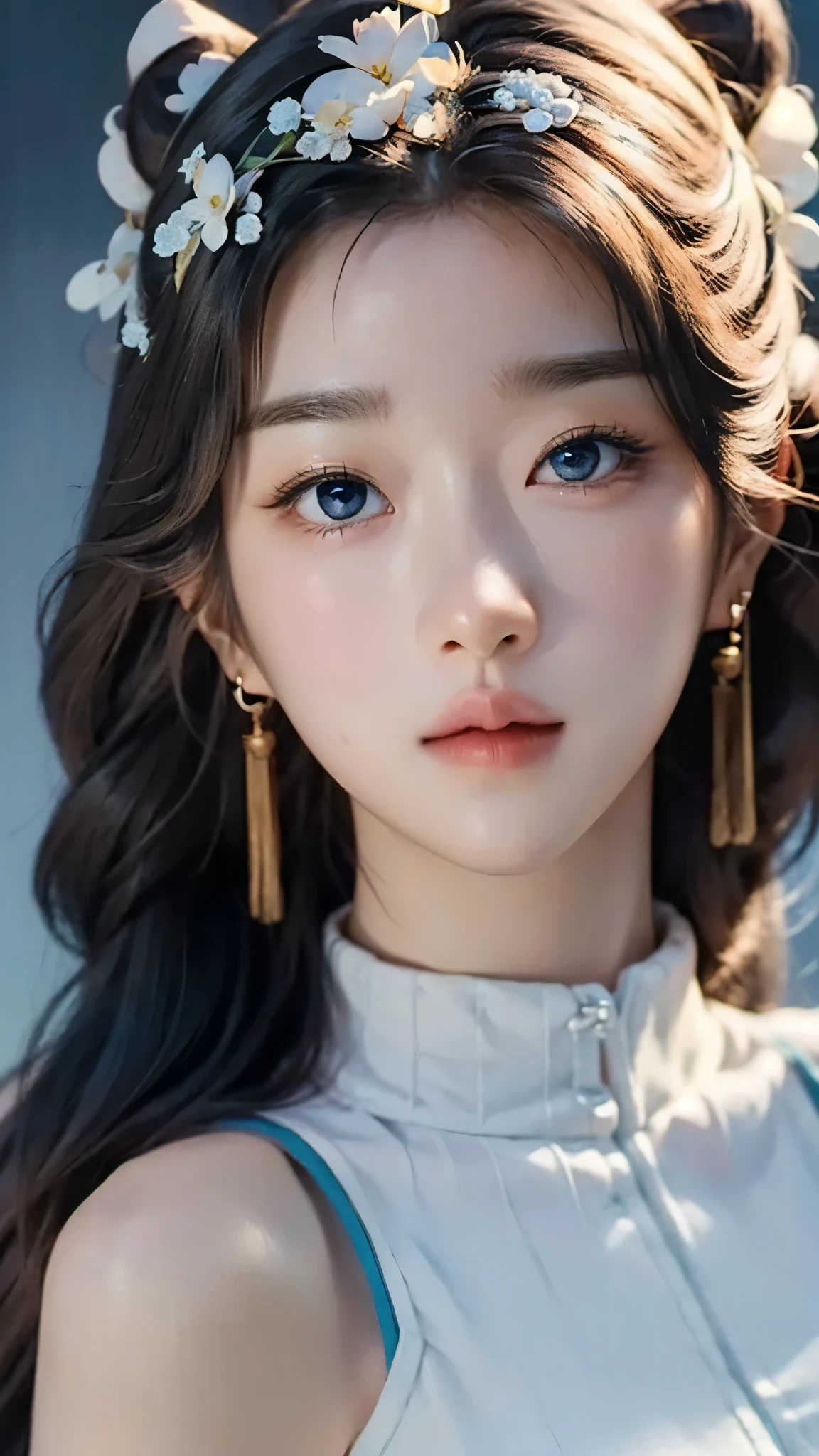 (masterpiece), (top), (High Quality Details), (illustration), ( Watch 1 female ), Staring at the viewer, (Interview), Beautiful, Detailed Eyes, delicate and beautiful face, Floating, (High saturation), (shining), blue sky, Bright and beautiful face, skin is young and radiant, Fair and shining, top appearance, Very beautiful, Her big eyes shine with a clear sky blue light while staring at the viewer, A beautiful and amazingly beautiful girl staring at her viewer,