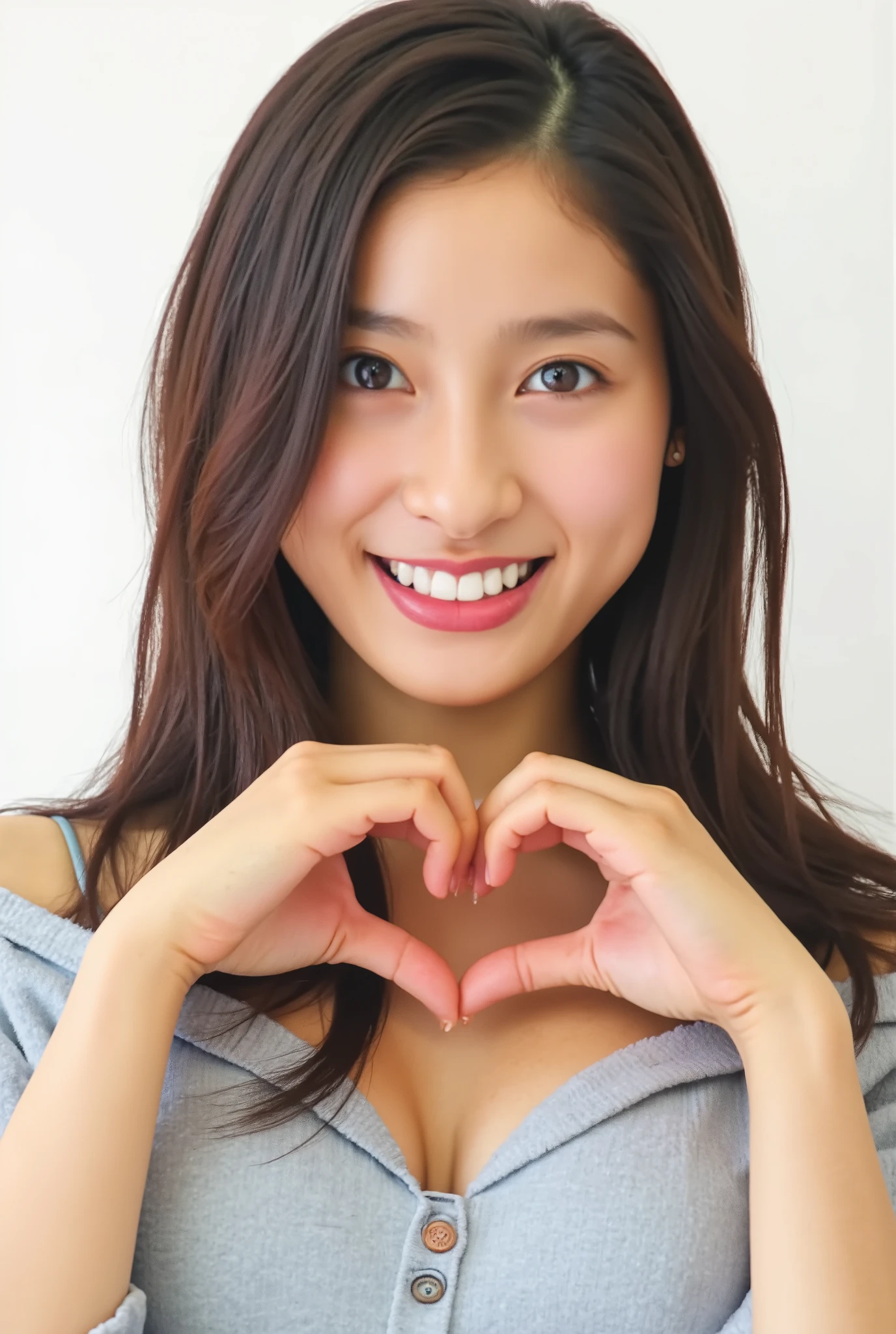 Only one woman with a cute smile wears cute, fluffy off-shoulder pajamas, makes a big heart shape with both hands, and poses them in front of her chest, View above collarbone、The background is a monotone 

