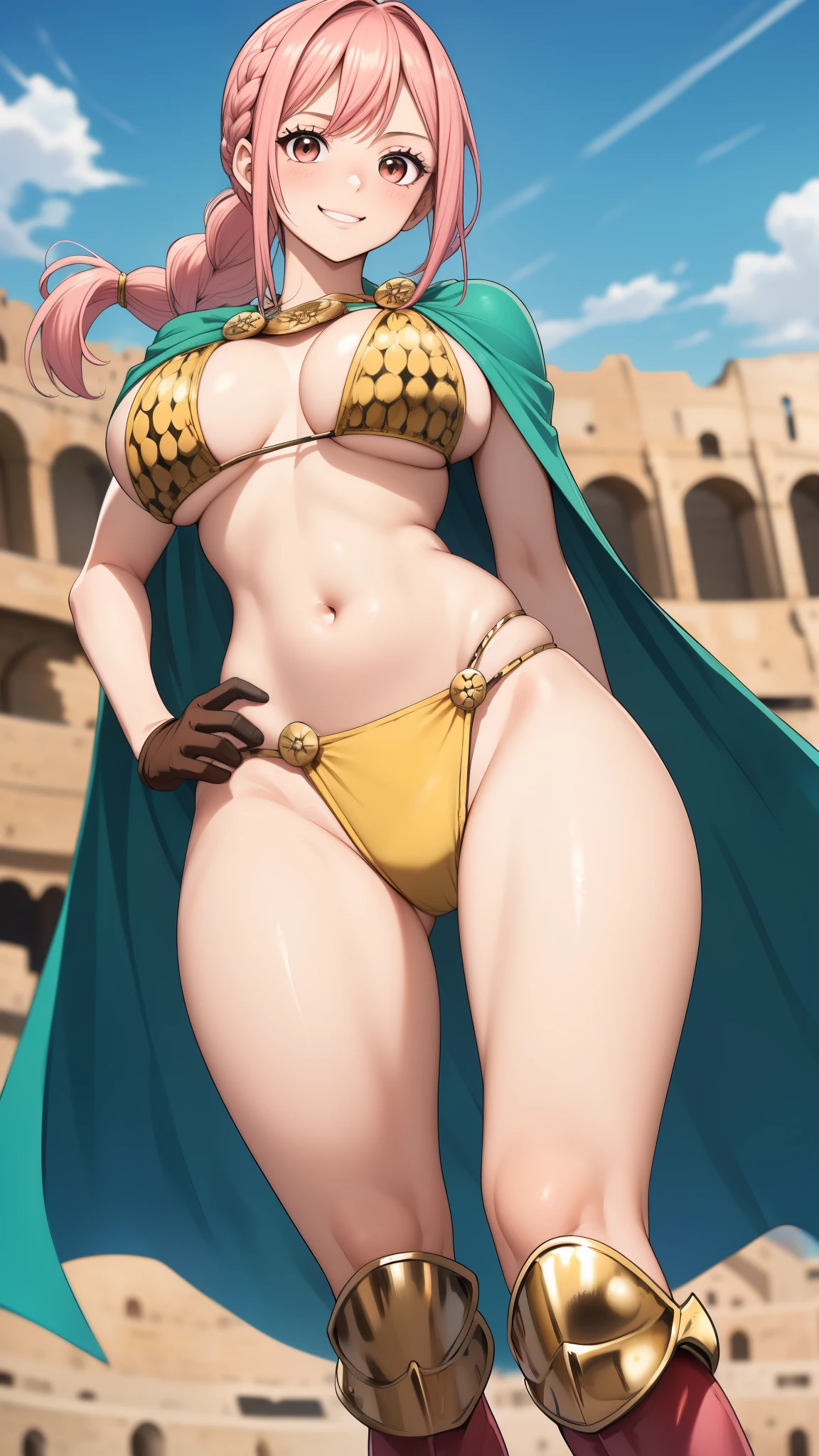 perfect anatomy, super detailed skin, (Rebecca_onepiece, brown eyes, long hair, ponytail, braid, pink hair:1.2), masterpiece、 best quality、masterpiece,  Hi-Res, 8K quality,  perfect face, 1 girl, beautiful face, beautiful detailed eyes, Alone,  cute face、confident smile, red cheek, Wide hips、 Tight waist 、Big Breasts, underboob, sideboob, (brown gloves, bikini armor, loincloth, green cape, armored boots, revealing clothes, :1.2), Model Pose, cowboy shot, dynamic angle, At the medieval Colosseum