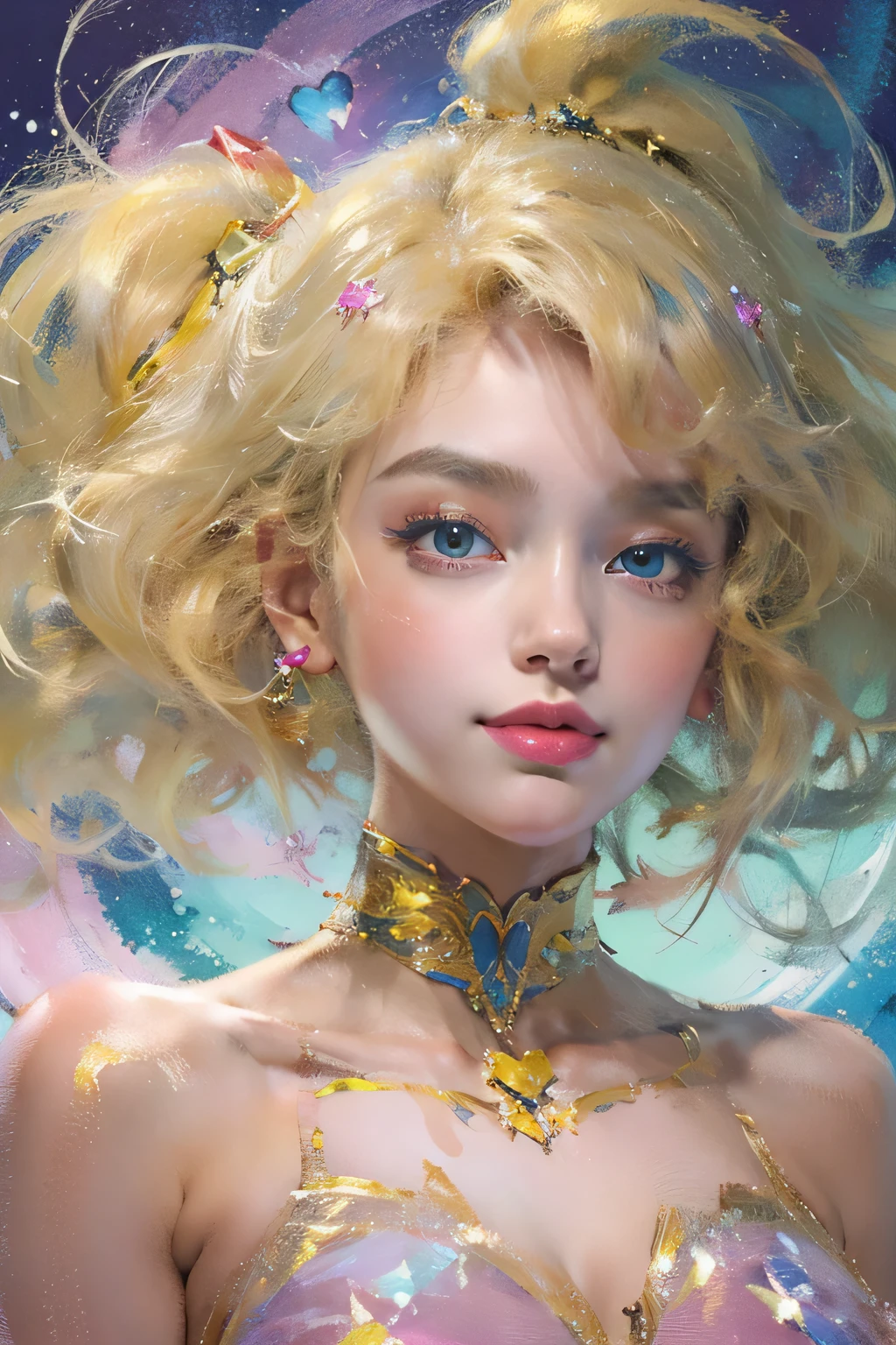 ((art:1.4), (nsfw:1.2), woman twirling happily in paint raining down on her, paint falling, dark iridescent hair, body covered in paint, joy, ((software)), calm expression, relaxed, kind smile, (clothes made of liquid paint), front view, (Sailor Moon-style girl), illustration, vibrant colors, magical atmosphere, glowing eyes, long blonde hair, anime art, smiling expression, cute pose, space background, moonlit night, fantasy world, sparkling stars, fashionable outfit, tiara, heart-shaped brooch, wavy hair, flowing ribbon, powerful magical aura, moonlight illuminating her, sparkling details, glowing transformation sequence Sailor Moon, peaceful and confident, guardian of love and justice, illustration inspired by famous anime series. The illustration is created using the soft and ethereal nature of watercolors. Beautiful pink skinned anime model full body, sunbathing on clouds floating on the surface of the sun, captivating eyes, dreamy curly hair, thick clouds in the background,, ultra detailed, detailed, (masterpiece) high fashion, gorgeous, extravagant, stylish, luxurious, elegant, stunning beauty, professional, high contrast, beautiful face, detailed and perfect face, perfect proportions, huge breasts, slim waist, thighs, dynamic pose, precise and perfect human anatomy, shot from the knees up, detailed, dreamy, whimsical scene with elements that blend into the background,