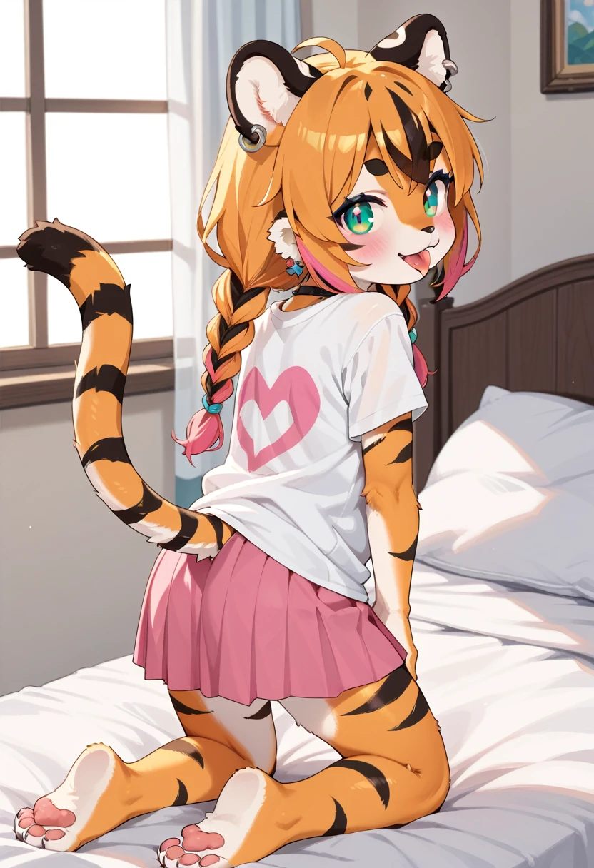 masterpiece, high resolution, best quality, baby body, baby height, flat chest, baby face, furry tiger girl stands on all fours and looks for an earring under the bed, rear view, looks back at the viewer, squinting with one eye, shows tongue, T-shirt, skirt, playful, happy, tiger ears, tiger tail, fluffy fur, multicolored hair, twin braids, piercing, makeup, tattoo