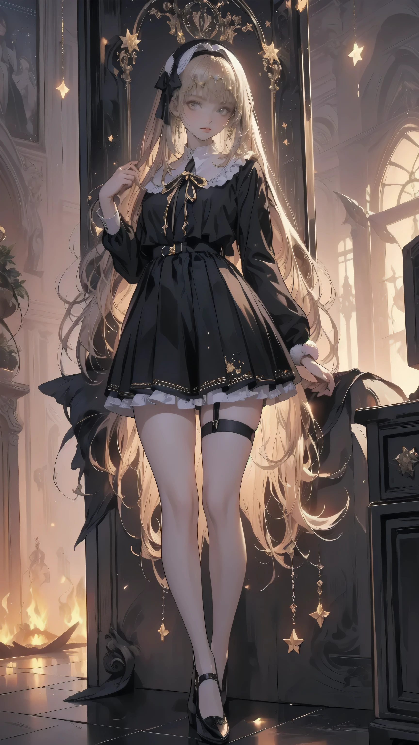 ( full body, legs and shoes visible: 1.2)) expressive eyes , woman, Pale skin, Long Hair, hair fluttering like the wind, ((Long Hair)), long side lock , Princess Bangs, Hair bangs, Hair Bun, ((Long twin hair)), Flaming Hair, Red Hair, blanking in books, full face blanking in books, Big Sparkling Red Eyes , ( gradient eyes), open your mouth and smile, cute pose,
Flowing, fiery dress, (( Crimson Multicolor Open Dress )), (mist), Orange Frills, Yellow Frill, ( Light Red Lace ), Removable short sleeves, Fluffy skirts , ((Fire and Star Print Skirt : 1.3)), ****There is a skirt。, Dark red bow, ((Pompom ribbon hair accessory : 1.4)), Multiple Bows, Striped Lace Stockings , (Heart-shaped leg garters), cute (Deep Orange) shoes (( Highly Detailed Clothing and Fashion )) is watching you, , blanking in books, ( Beautiful eyes with beautiful details ), ( Extremely High Definition CG Unity 8K Wallpaper) ( best shadow ), (( very delicate and beautiful)), (Detailed light), (( faces with a depth of writing )) Big Head, Big, bright eyes, Moe, Splash Art , Movie Lighting, Front View, Volumetric Lighting Extremist Photo Illustration with k Resolution Complex and Detailed Key Visuals Accurate Linear
((With a dark palace in the background, surrounded by expensive decorations, shooting stars )) ((Ultra detailed views , Foggy , Darkness : 1.3))
