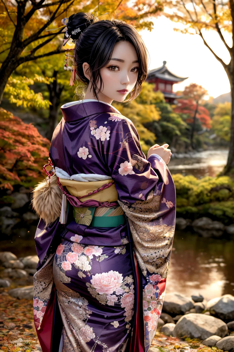 (masterpiece), ( best quality),  Hi-Res,  complicated details, (lulu_ff10, red eyes,  jewelry, mole,  Purple Lipstick , Hair Bun,  Fur Trim), (edge JF _Clothing, wearing edge JF _kimono,  Autumn Scenery, の木と葉を使って Autumn Sceneryを), Pose,  from behind,  Viewers, Use , sunset,  evening , Bokeh,  depth of field, 超 Hi-Res, 8k wallpaper 