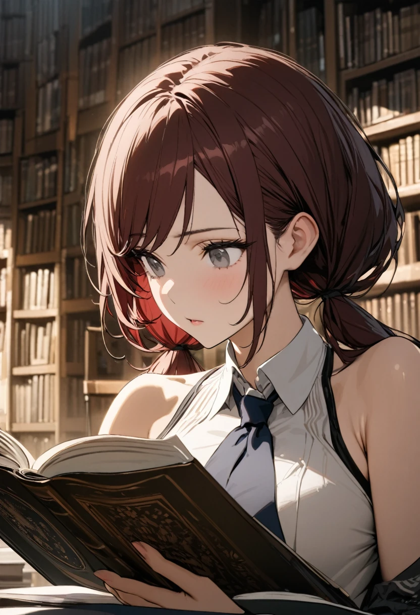 Highest Quality, masterpiece, light particles, gray eyes, red hair in low twin tails, swept bangs, stoic, looking at book, toned arms, small breasts, strapless white top, jeans, black boots, reading book, looking down at book in lap, sitting in chair, people in background, anime
