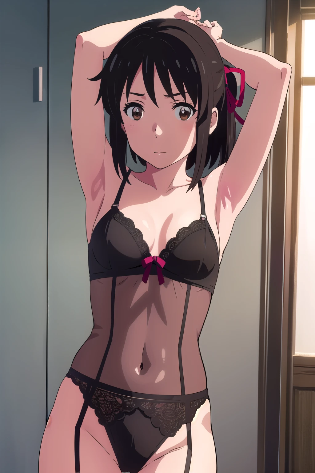 mitsuhamiyamizu, Mitsuha Miyamizu, black hair , ( brown eyes:1.5), hair ribbon , wearing sexy body lingerie, showing armpit.