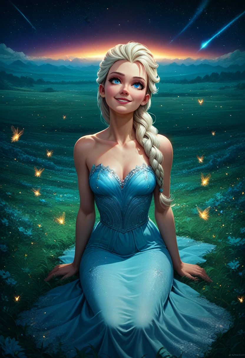 score_9, score_8_up, score_7_up, solo, female focus, Elsa, princess ,scenery, field, star sky, dress, sitting looking up, wonder smile, stars, galaxies, fireflies, head tilt back, outdoors 