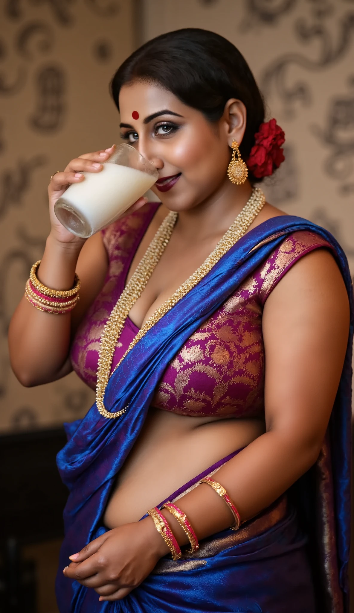 In a sumptuous, traditional indoor setting, the South Asian woman stands near the 12 black african boy, radiating an aura of irresistible seduction. Dressed in a blue sari with intricate gold embroidery, the fabric hugs her voluptuous curves, accentuating her thick body and hourglass shape. Every movement she makes is purposeful, drawing attention to her big breasts and wide hips. Her gold jewelry—necklace, bangles, and nose ring—shines with elegance, further enhancing her regal presence.

Her updo hairstyle, adorned with a red flower and gold hairpin, perfectly frames her face, which is defined by bold, smoky eyes and long curled lashes. Her cat-like gaze is both intense and luring, pulling in anyone who dares to meet her eyes. Her lips curl into a teasing smile, playful and provocative, as she slowly lifts a glass of milk to her lips.

As the boy watches, she takes a deliberate sip, her eyes never leaving his. She swirls the milk around in the glass for a moment, savoring the smooth texture, her full lips parting slightly as she drinks, the sensuality of the act amplified by the intimacy of the moment. Her gaze deepens, the air thick with the sensual tension between them, as she leans slightly toward him, offering him a knowing, teasing smile. The milk, white and smooth, contrasts with the deep red of her sari and the gold accents of her jewelry, a visual feast of elegance and indulgence.

With a playful glint in her eye, she places the glass down and encourages him to drink more, though this time her seductive cheering takes on a new intensity, as she herself savors the milk with slow, deliberate movements. Her body language oozes confidence, as if she’s fully in control of the situation, coaxing the boy with both her charm and her actions.

The boy wearing a black underwear only, remains captivated, his hand still resting on her shoulder, but his focus is entirely on her. The room is bathed in warm lighting, and the ornate wallpaper with subtle beige a