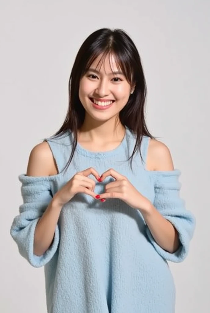 Only one woman with a cute smile wears cute, fluffy off-shoulder pajamas, makes a big heart shape with both hands, and poses them in front of her chest, View above collarbone、The background is a monotone 

