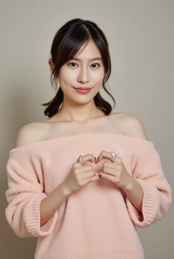 Only one woman with a cute smile wears cute, fluffy off-shoulder pajamas, makes a big heart shape with both hands, and poses them in front of her chest, View above collarbone、The background is a monotone 

