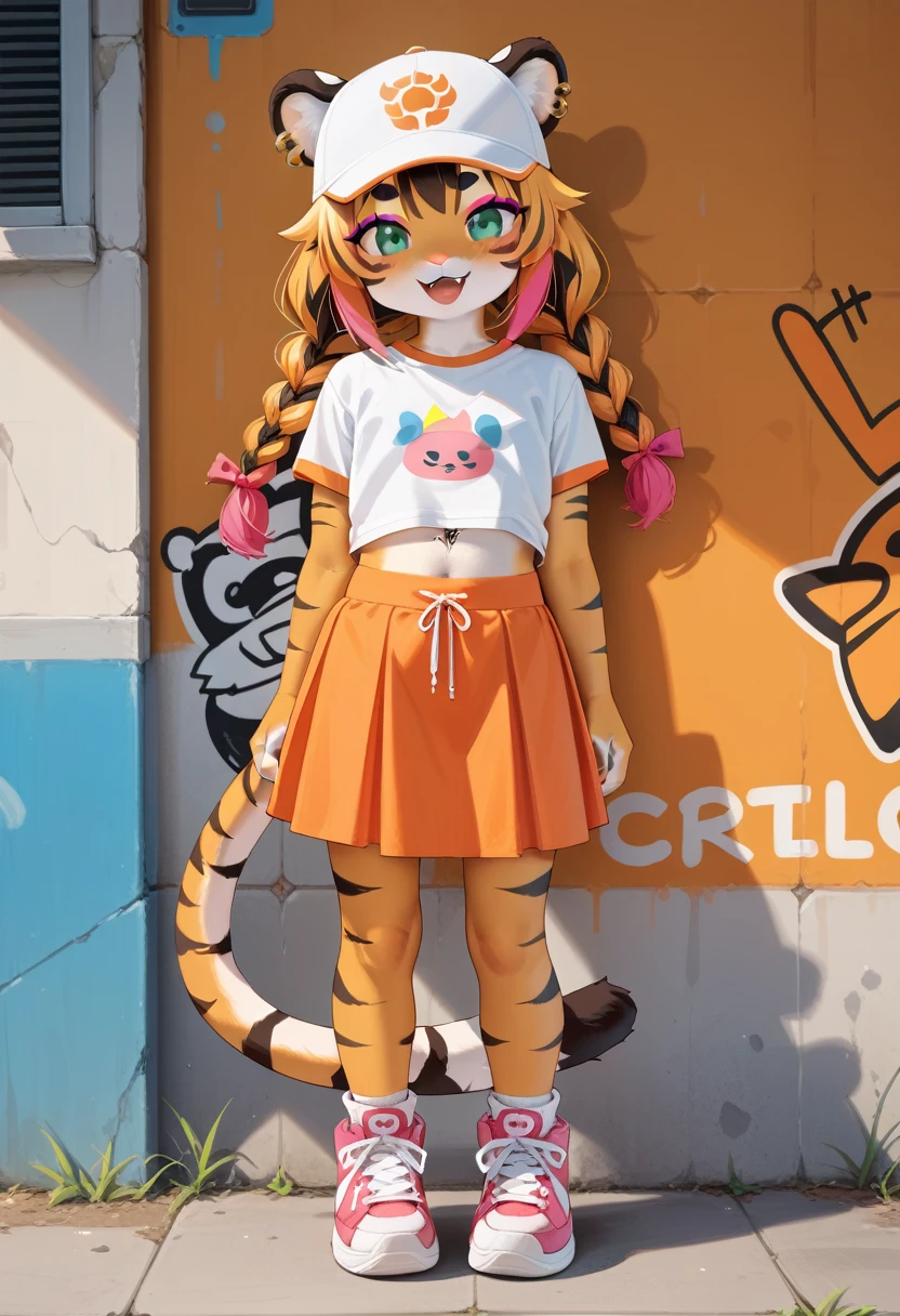 masterpiece, high resolution, best quality, baby body, baby height, flat chest, baby face, furry tiger girl girl draws graffiti on the wall, top, skirt, sneakers, cap, happy, tiger ears, tiger tail, fluffy fur, multicolored hair, twin braids, piercing, makeup, tattoo