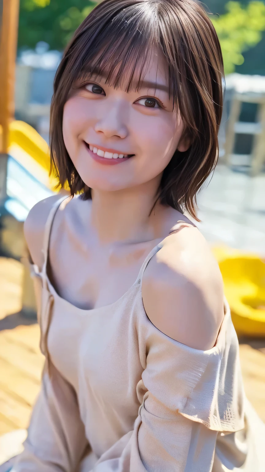 (( best quality, 8k, masterpiece: 1.3)), sharp: 1.2, Perfect Body Beauty: 1.4,  slim abs : 1.2, (( layered hairstyles, Small breasts:1.2)), ( off-shoulder : 1.2), (nude: 1.2),  short bob hair、 face close-up of playground equipment : 1.5,   extremely detailed face and skin texture,   beautiful eyes , double eyelid, Camera orientation