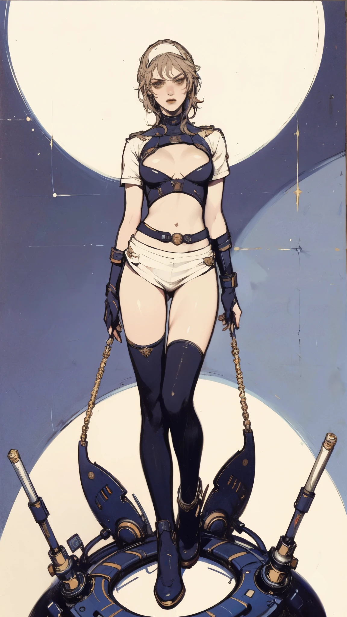 (masterpiece:1.2, best quality:1.2, extremely delicate:1.2), ((Alexandra Daddario:1.2)), a girl with short light golden hair, a metal headband on her forehead, icy gaze, detached expression, smooth and exquisite facial appearance, perfect body, perfect skin, porcelain skin, pale skin, sci-fi military uniform, short sleeves, gloves, short skirt integrated with the outfit, dark fitted pants, knee-high military boots, the color scheme is primarily White with Blue and Yellow accents, surrounded by AR virtual interfaces, standing in a futuristic sci-fi-styled room, this character embodies a finely crafted futuristic sci-fi female officer in anime style, exquisite and mature art style, exquisite photography, Photo realism, photorealistic, even and soft lighting on face, dramatic, high definition, highres, ultra-detailed, ultra-fine painting, professional, perfect body proportions, anatomically correct, symmetrical face, extremely detailed eyes and face, high quality eyes, creativity, RAW photo, UHD, 32k, portrait lighting, Natural light, cinematic lighting, (masterpiece-anatomy-perfect:1.2)