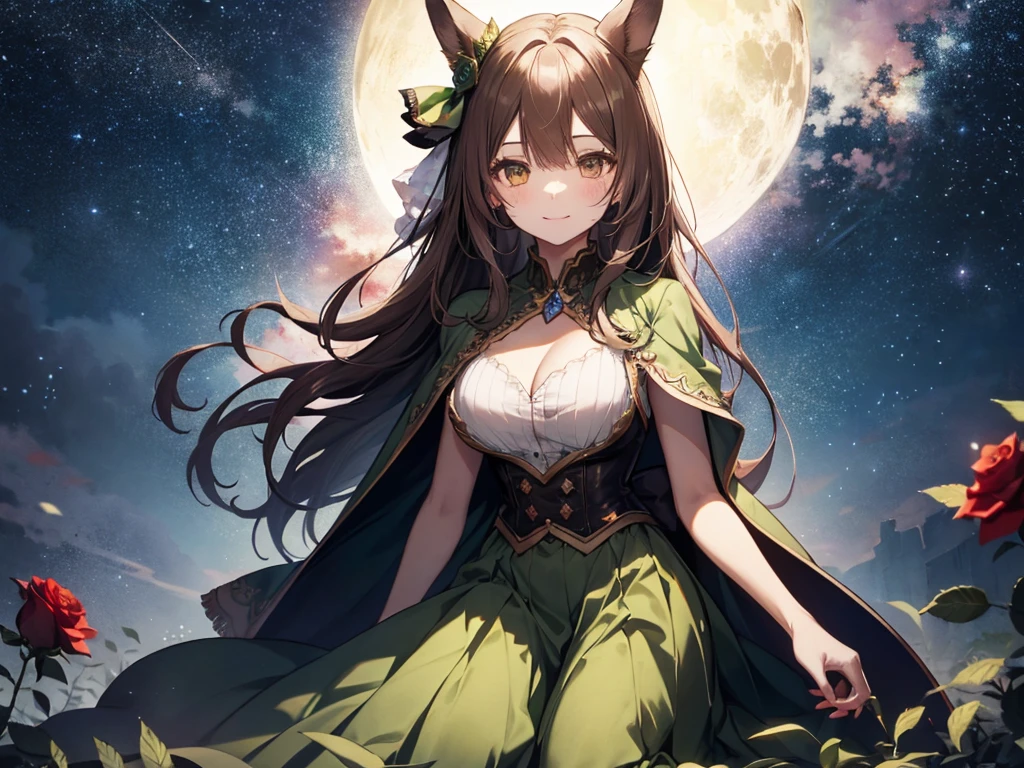 masterpiece、Highest quality、2D Anime、A beautiful horse、Touching head with both hands、Looking up、teeth、Dark lipstick、Mature Woman、Hair ornament on the right side of the head、smile、Dark blonde hair、Long Hair、Half Up、White pattern on bangs、Dark brown eyes、Strapless and shoulderless dark green kimono、Dark green sleeves、skirt、pantyhose、Beautiful breasts、Starry Sky、Strong winds、Chest centered、From the knee up
