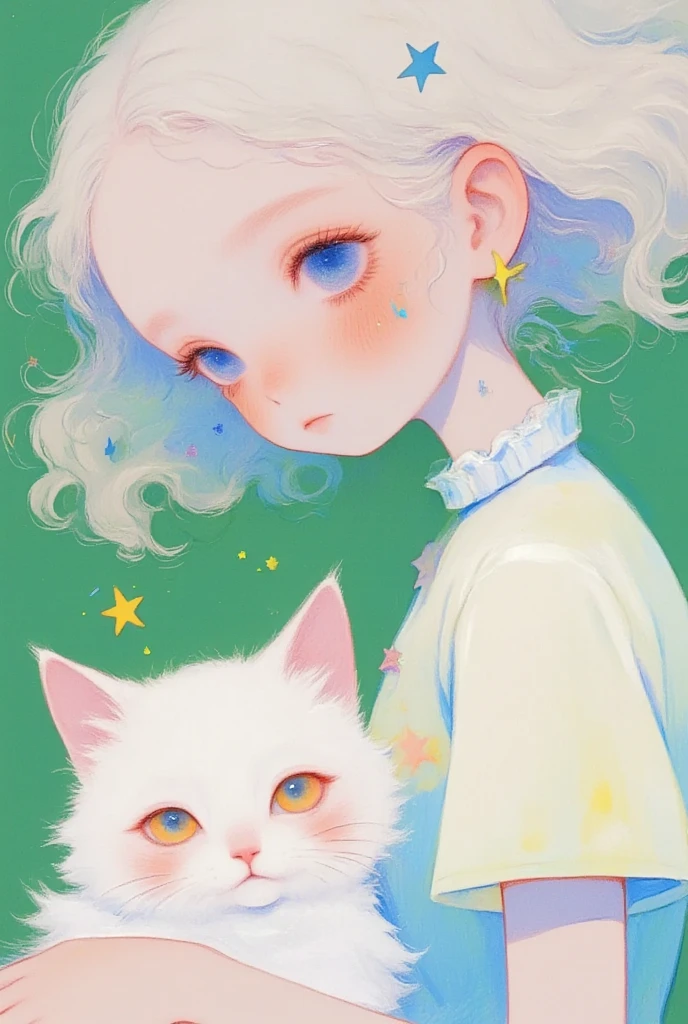 (masterpiece,  Best Quality :1.2),  colored pencil drawing, sketch,   Dream illustration ，(((Close-up shot of a girl and a white cat，))),pleated collar，fluffy white hair， green background 