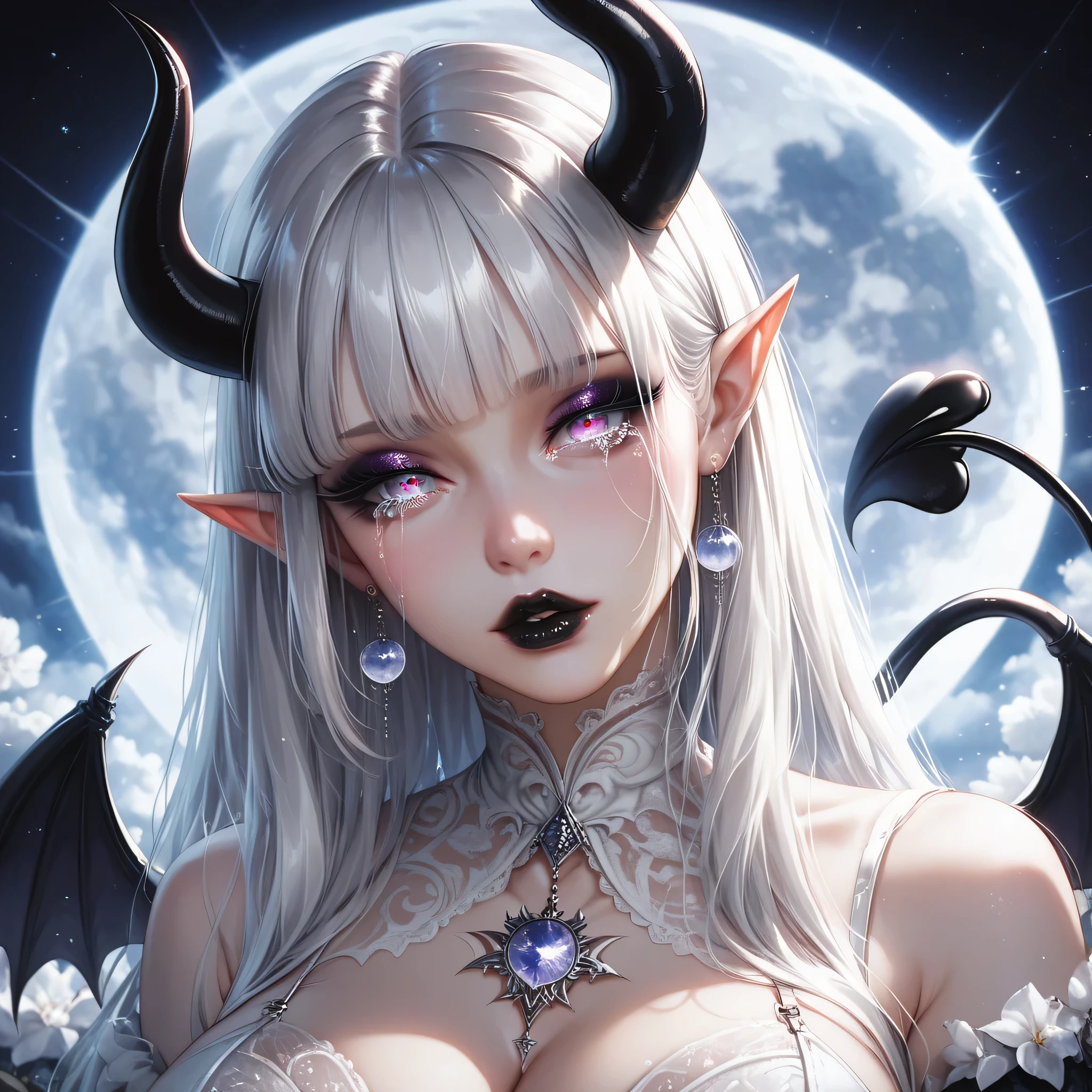 ((Highres)), ((Masterpiece)), (Shinning Moon background), a beautifully detailed succubus, ((white demon horns)), ((white demon tail)), ((long platinum hair)), detailed eyes, white iris, tears in eyes falling to the ground, defined elf ears, defined nose, defined lips, black lipstick, big breast, big butt, hour glass figure, ((all white clothing)), albino, dark gothic eyeshadow