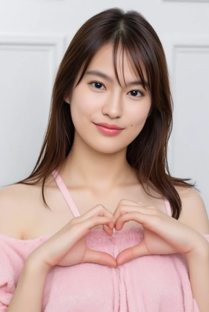 Only one woman with a cute smile wears cute, fluffy off-shoulder pajamas, makes a big heart shape with both hands, and poses them in front of her chest, View above collarbone、The background is a monotone 

