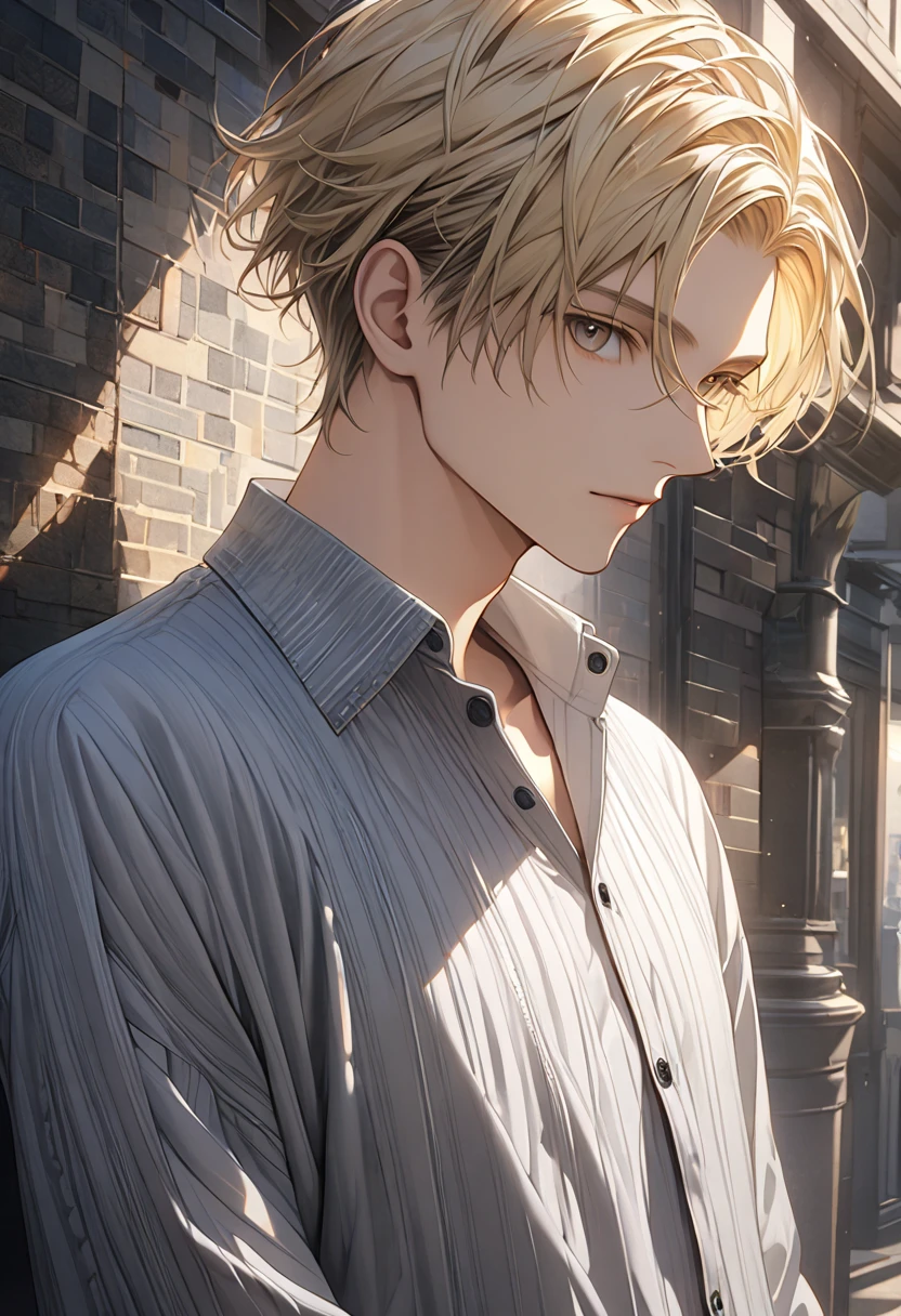 1.5, best quality, high quality, High definition, High quality texture, high detail, beautiful detailed, finely detailed, extremely detailed cg, detailed texture, 1man, boy, male, ((casual)), relaxed, blonde hair, hypnotic eyes, long sleeve shirt, streetwear