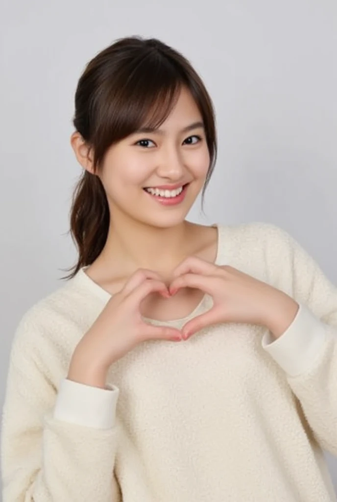 Only one woman with a cute smile wears cute, fluffy off-shoulder pajamas, makes a big heart shape with both hands, and poses them in front of her chest, View above collarbone、The background is a monotone 

