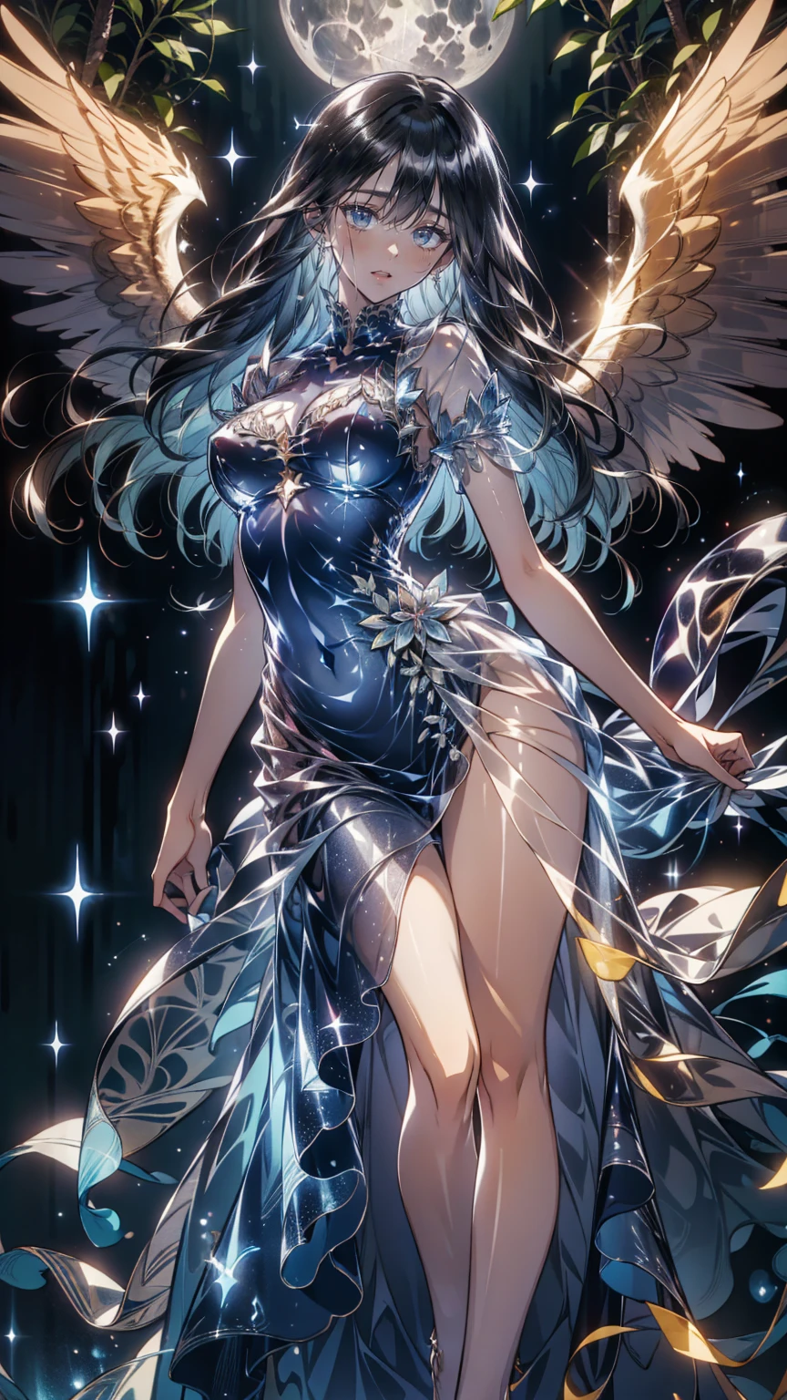 an epic fantasy art  portrait of aasimar, woman, paladin ready for battle under the full moon, Holy Angel,  Spreading large feathered wings, Majestic Wings, white Angelic Wings spread (masterpiece,  intense detail : 1.5), moon light, moon, star, cloud,  sacred symbol ,  Wielding a divine sword,  wearing sacred armor ,  Dynamic Hair Color ,  Dynamic hairstyle, dynamic skin tones, Dark fantasy (Forest Background: 1.3),  anatomically accurate  (masterpiece 1.3,  intense detail ), Angel_Wings, The face of determination, god rays,  Movie Lighting, Shining Light,  silhouette, From the outside,  photorealism,  Panoramic View (masterpiece 1.3,  intense detail ) , Wide angle,   see her knees and ankles  , 16k,  Hi-Res,  best quality,   high detail  , 16k, Super detailed, masterpiece,  best quality, ( Extremely detailed), Arafed, dnd Art,  portrait, whole body,   hyp3rd3tail style , ral-ertmsphr
