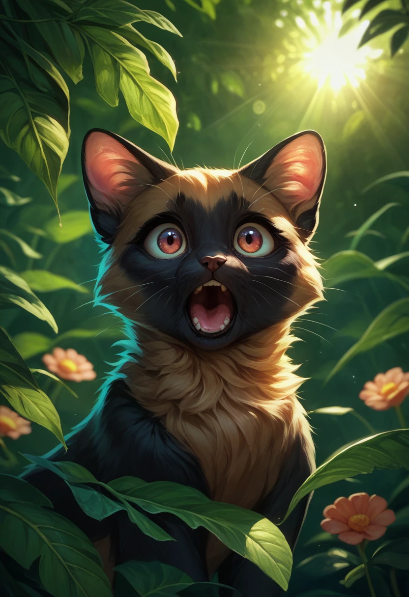 a cute black cat, yawning widely, basking in the sun, 8K ultra-detailed realistic photo, detailed fur, large eyes, cute expression, soft lighting, natural setting, lush greenery, shallow depth of field, warm color tones