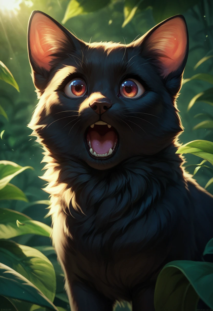 a cute black cat, yawning widely, basking in the sun, 8K ultra-detailed realistic photo, detailed fur, large eyes, cute expression, soft lighting, natural setting, lush greenery, shallow depth of field, warm color tones