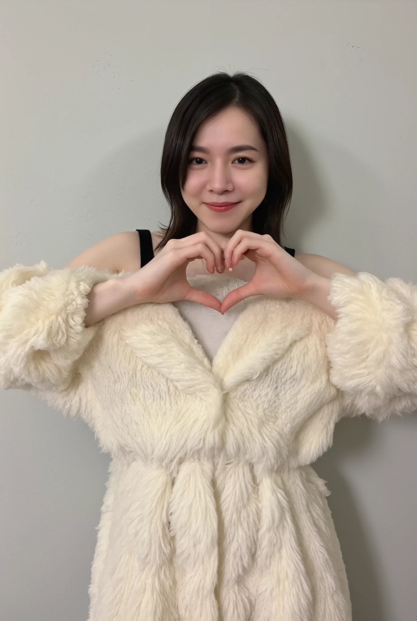 Only one woman with a cute smile wears cute, fluffy off-shoulder pajamas, makes a big heart shape with both hands, and poses them in front of her chest, View above collarbone、The background is a monotone 

