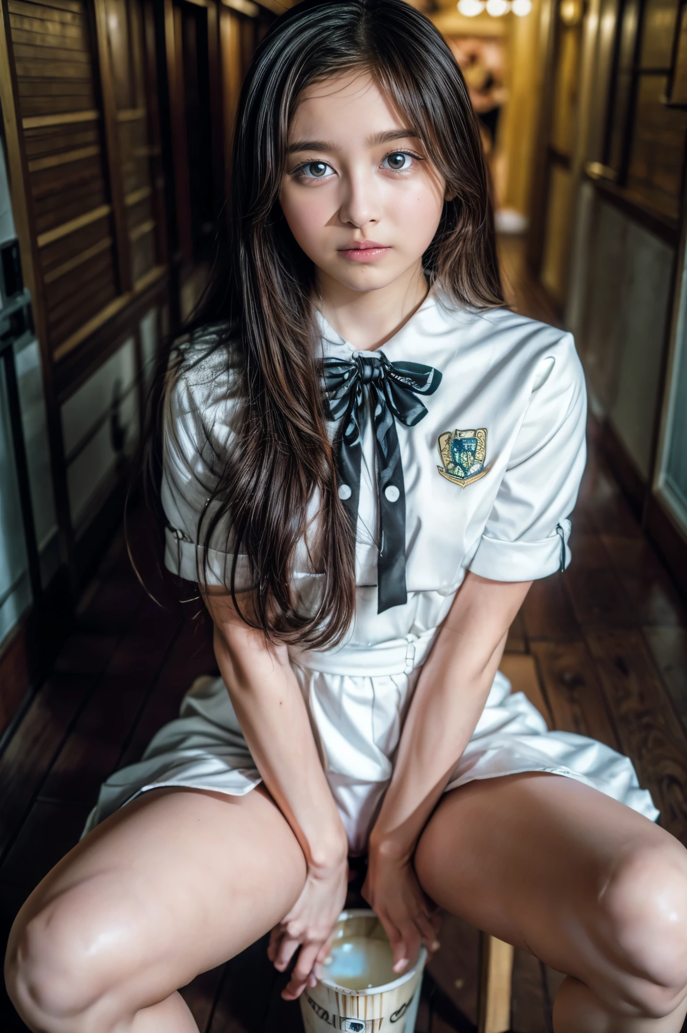 ((masterpiece,Best Quality,High image quality,Genuine,RAW Photos,8k)),Starbucks,Bright coffee shop in the city,Thin Nose,Beautiful Face,1 female,beautiful girl,****** high ***************,Standing,(Black Hair,Straight Long Hair:1.2),(Uniforms for ****** high school students:1.3),((desperate pose:1.2)),whole body:1.2,From below,Looking down,(Spread your legs,Bow-legged:1.5),(Standing:1.3),((Pissing in a cup:1.5))