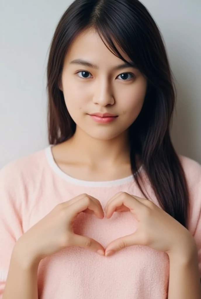 Only one woman with a cute smile wears cute, fluffy off-shoulder pajamas, makes a big heart shape with both hands, and poses them in front of her chest, View above collarbone、The background is a monotone 

