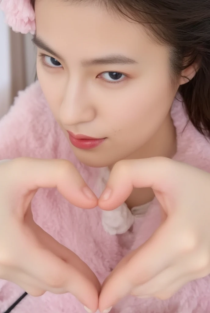 Only one woman with a cute smile wears cute, fluffy off-shoulder pajamas, makes a big heart shape with both hands, and poses them in front of her chest, View above collarbone、The background is a monotone 

