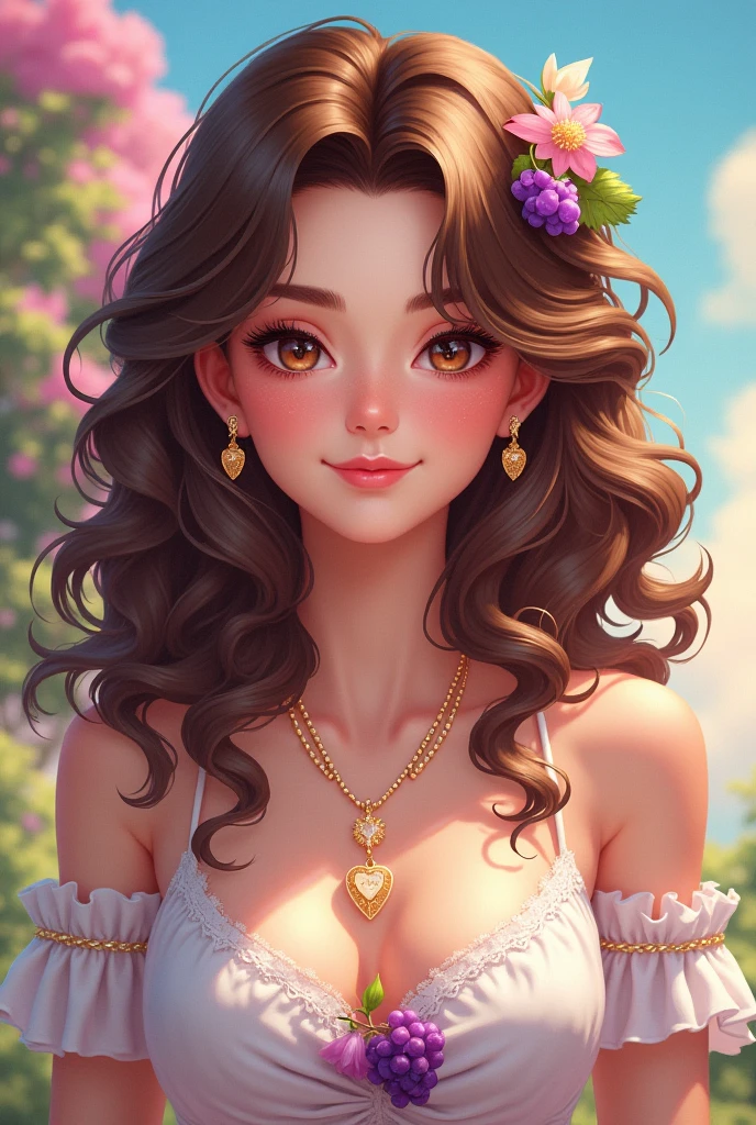  cute in a flared dress, Long brown hair, eyes browns, happy with a minnie tiara