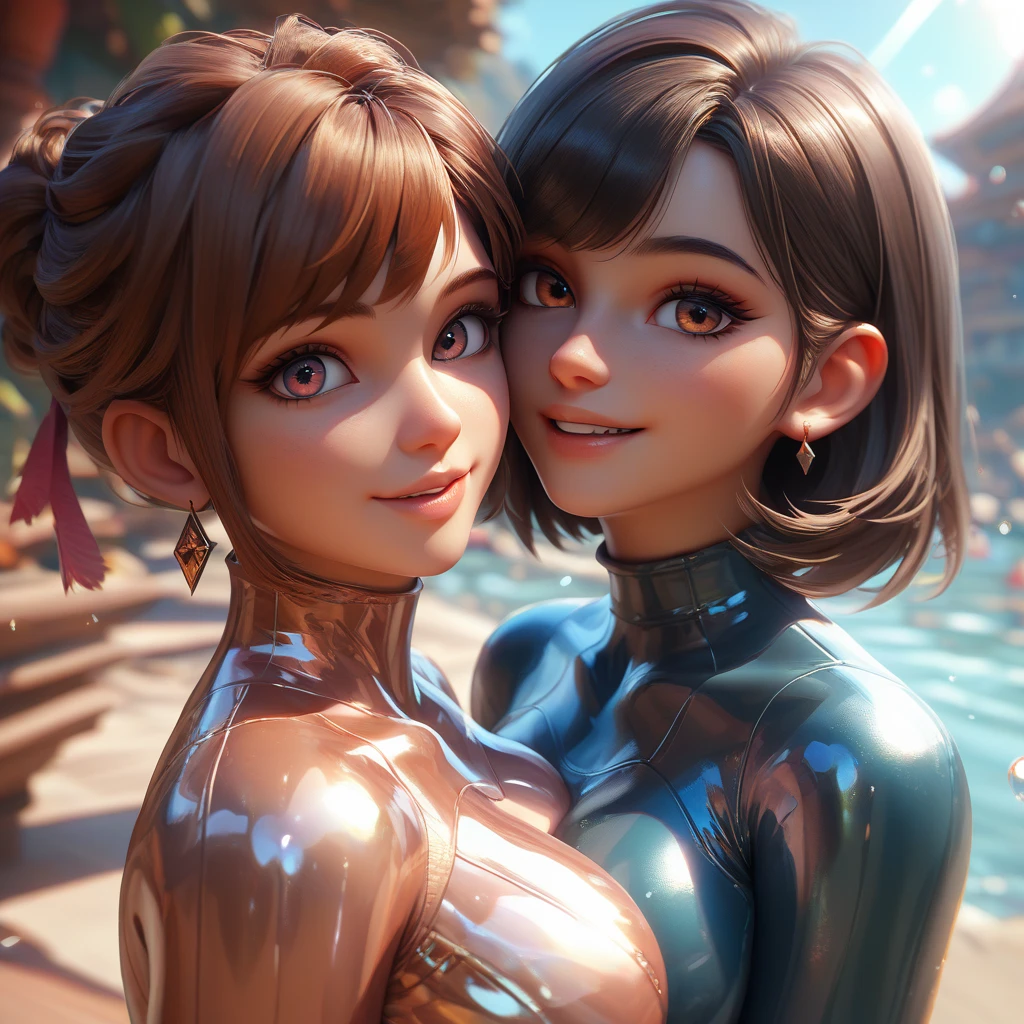 2 girls, extremely tight shiny silver latex sweatshirt, langes Haar, Bangs,  BROWN HAIR,  Seductive smile , Lens reflection, Reflected light, Make-up, Ultraweitwinkel, are on the beach 