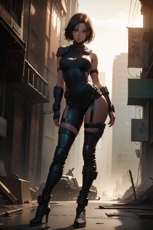 ((Best quality)), ((masterpiece)), (highly detailed:1.3), 3D, beautiful (cyberpunk:1.3), stylish (muscular woman:1.2) looking at camera black leather clothes, macrogts