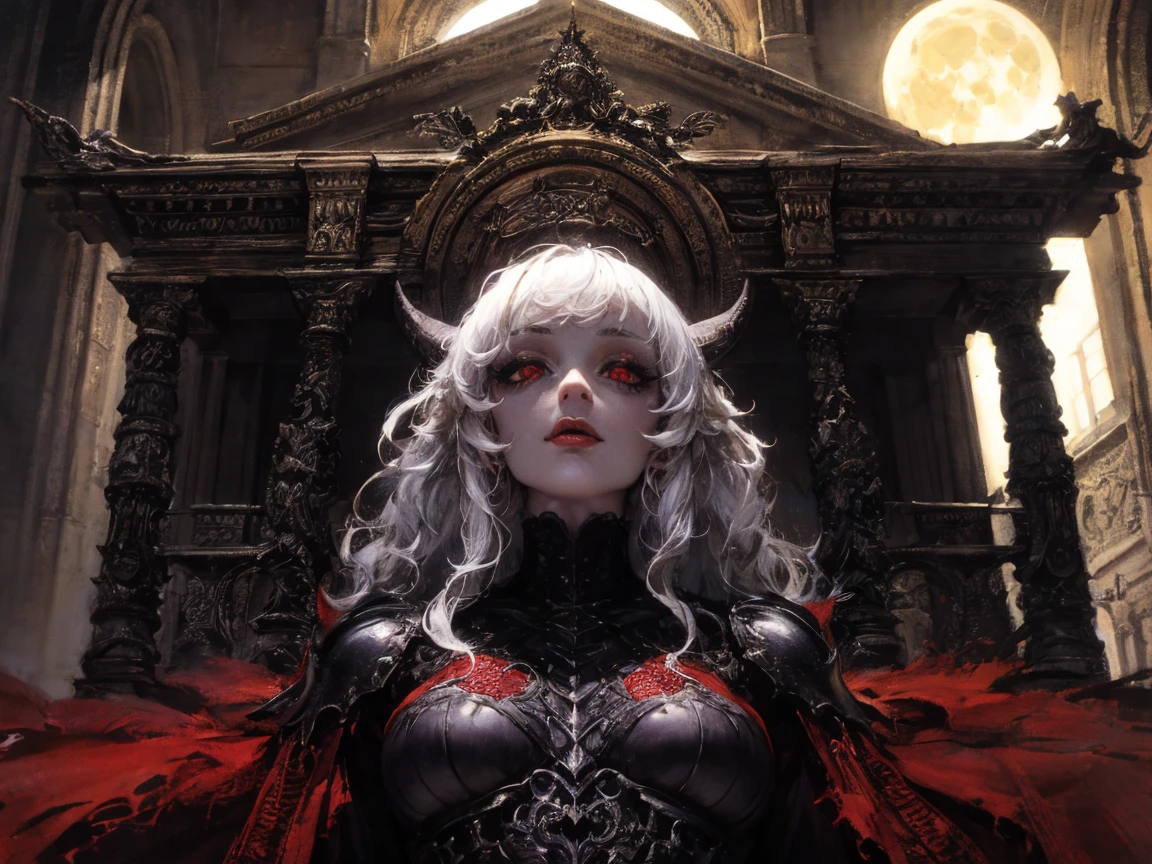 (best lighting) (best quality, masterpiece:1.2), (absurdres), 4k, (detailed eyes), (detailed face), ethereal , demonic woman with ((red skin)) wearing medieval armour and bodysuit. She has long white hair and is standing in front of a towering gothic castle, illuminated by a large moon over head, curvy, Large white wings and long horns, dark, moody, ((gothic)), ((dark fantasy)), medieval