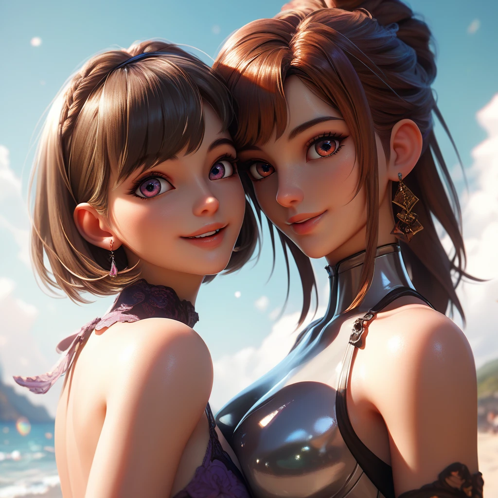 2 girls, extremely tight shiny silver latex hoody, langes Haar, Bangs,  BROWN HAIR,  Seductive smile , Lens reflection, Reflected light, Make-up, Ultraweitwinkel, are on the beach 