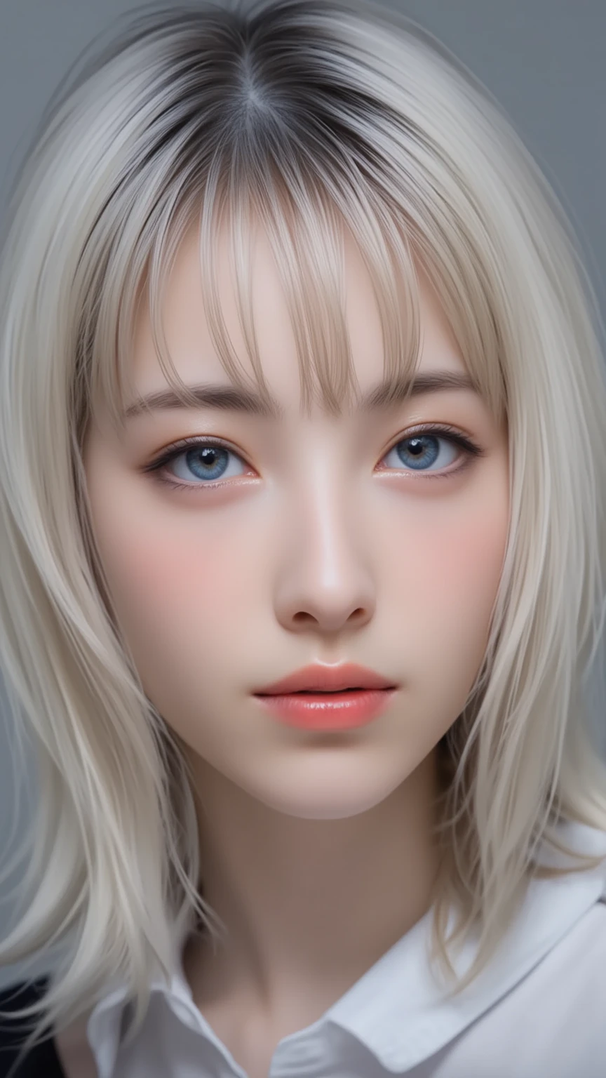  best quality、8k Masterpiece、 ultra high resolution、(Realistic:1.3)、 RAW Photos、 beautiful  Scandinavian girl with shiny blond hair.、 Shining Beautiful Platinum Blonde Hair 、 super long straight hair with detailed grey background、 bangs between my eyes、Hair above the eyes、片Hair above the eyes、Hair between the eyebrows、White and shiny skin、1 Cyberpunk Super Beautiful Soldier 、((Super Realistic details))、 portrait、 Global Illuminations 、Shadow Realm、Octane rendering、8k、Ultra Sharp、 Beautiful breasts、Her bare skin reveals her cleavage 、metal、Cold colors、、 extremely elaborate details 、Realistic light、CG Society Trend、 Very Beautiful Bright Light Blue Eyes 、 Very big eyes 、Eyes shining towards the camera、Neon Details、Small Face Beauty、Round face、 Cheek Gloss Highlights 