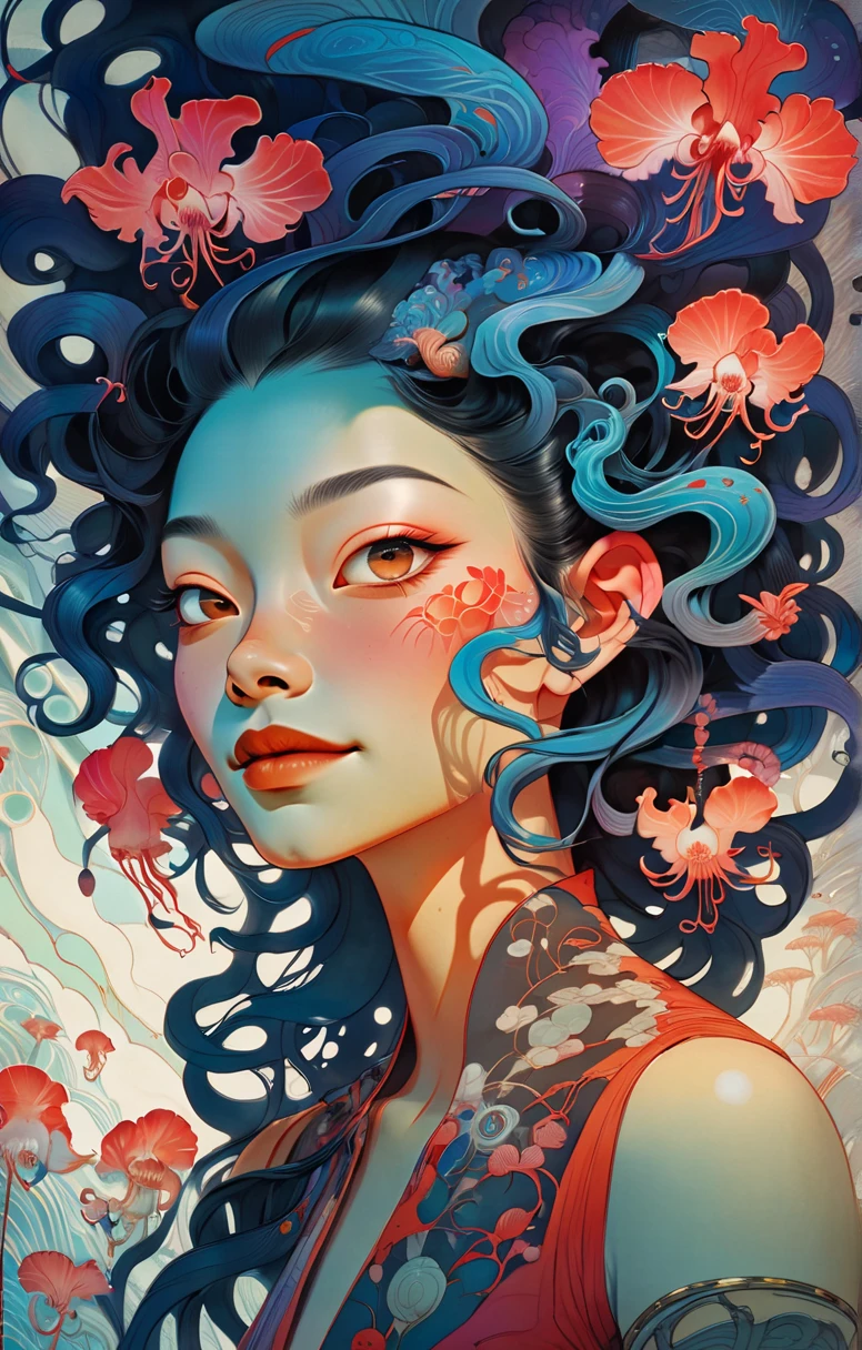 (vibrant cyberpunk-hued colors:1.4), dark and moody, (Victo Ngai inspired head and shoulders shot, ink wash, toon rendering of a beautiful Costa Rican woman smiling, colorful background with orchids and jellyfish) by Anita Bathe, Phil Lashio, Seymour Buttz, Wilma Dickfit, epic clouds, Unreal Engine, octane rendering, high quality, high resolution, high precision, realistic, color correction, good lighting settings, low noise, sharp edges, harmonious composition, award-winning work, surrealism, dark art by james jean and takato yamamoto