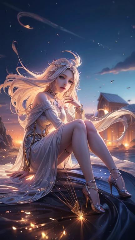 ( best quality, Realistic, photo-Realistic:1.37),  bright color , Smooth curves,   soft writing,  anime style, Long flowing hair, Fine eyes and lips,  captivating gaze ,  Complicated clothes ,  Fantasy Background ,  Dreamy Atmosphere .