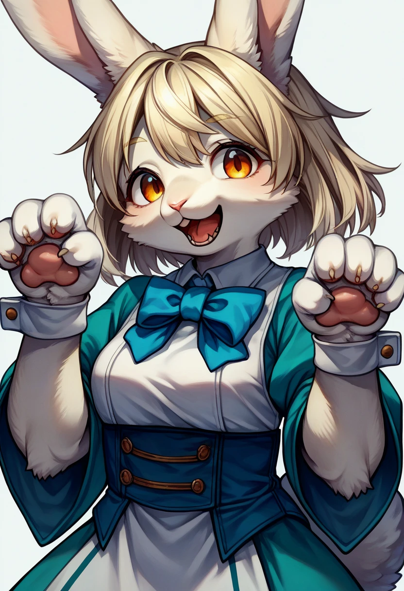 score_9, score_8_up, score_7_up, score_6_up, score_5_up, score_4_up, source_anime, best quality, amazing quality, very aesthetic, absurdres, 1girl, (furry, kemono:1.3), rabbit, rabbit girl, rabbit ears, smile, open mouth, white rabbit gloves, (paw pose:1.5), white background