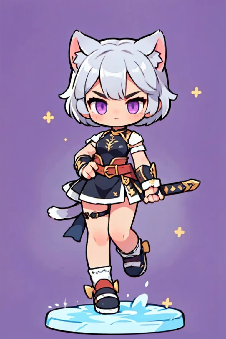 Short hair,  cat ears,  cute female warrior style, European-style RPG warrior armor, Carrying a sword and wielding it .  dynamic pose, Battle Action ,  3 tall , Natural background.  silver hair, The combination of white and black clothing colors,  purple eyes