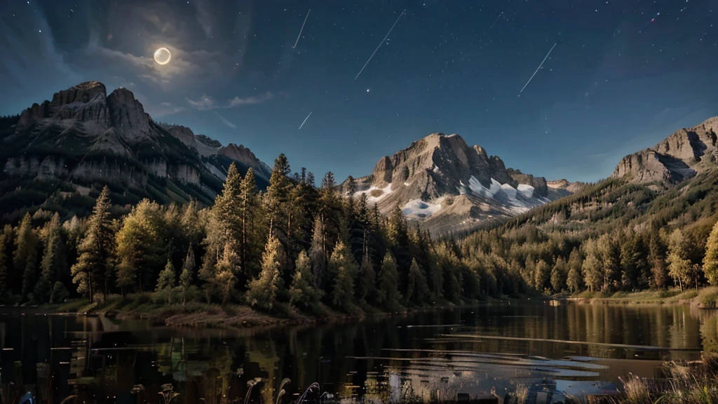 Midnight lake between trees under mountain, beautiful moon 