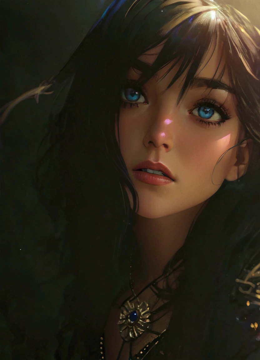 a close up of a woman with a black hair and blue eyes, inspired by WLOP, cinematic goddess close shot, detailed matte fantasy portrait, fantasy concept art portrait, wlop | artgerm, wlop art, artgerm and wlop, wlop and artgerm, art of wlop, wlop |, cgsociety portrait