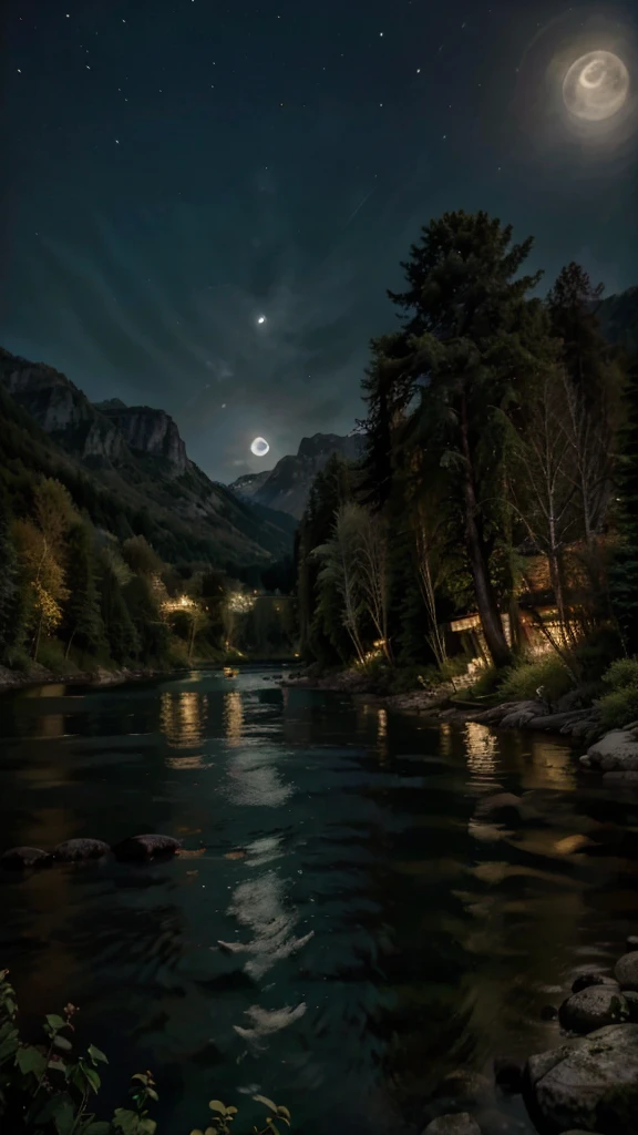 Dark green midnight river between trees under mountain, beautiful moon 