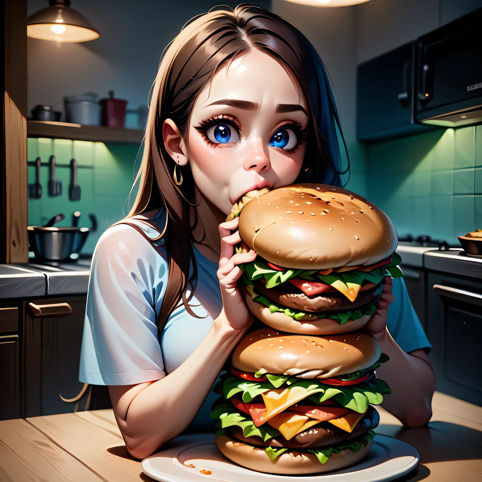 A big woman in the kitchen eating a huge soft and flowing burger, big eyes, big mouth, humor, Meme, Meme Diffusion, clearly, in detail