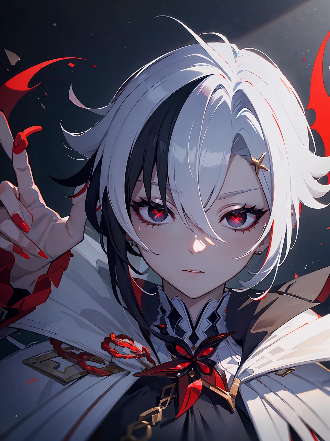 tomboy girl, handsome, (masterpiece:1.2、highest quality), (Exquisite eyes: 1.2), (Detailed Background、Dark fantasy), (cute detailed face), High Contrast, (Best lighting、Very delicate and cool), ((Cinema Lighting) )), black coat with white dirty dress, blood splatter, colorful, Hyper Detail, Dramatic Light, Intricate details, blue moon behind (20 years old, 1 girl, solo, white short hair, white messy hair, pony in left ,Sharp Face, red eyes, white hair between the red eyes, Dynamic Angle), (Blood splatter:1.4), Black light swirling around the character, Depth of written boundary, blue light particles, Nightcore, black magician, Spectacular anime style, zerochan art, Anime Wallpaper, Burning, High quality anime art style, Key Anime Art
