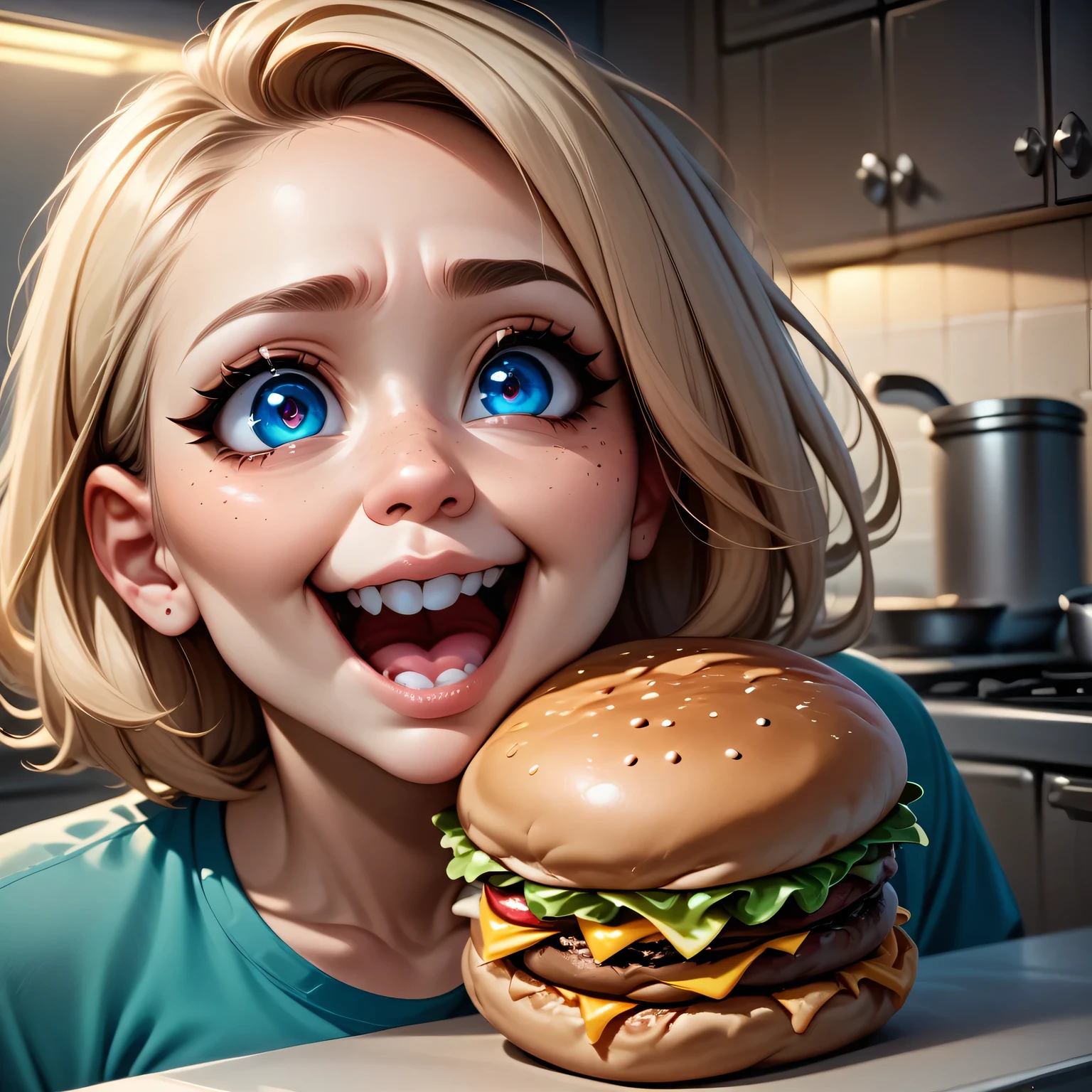 A big woman in the kitchen wants to bite a huge soft and juicy burger, open mouth, big teeth, big eyes, big mouth, humor, meme, Meme Diffusion, clearly, in detail