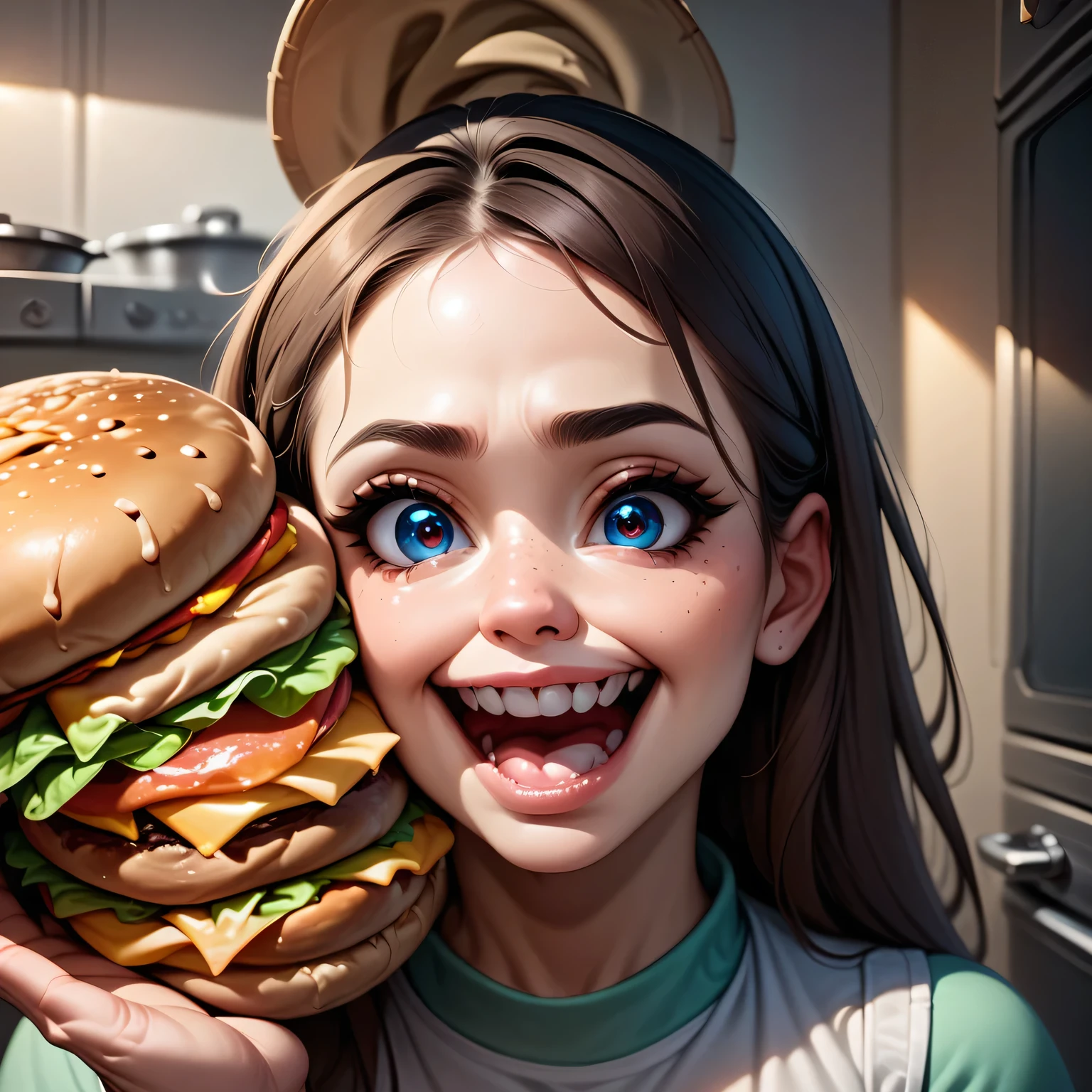 A big woman in the kitchen wants to bite a huge soft and juicy burger, open mouth, big teeth, big eyes, big mouth, humor, meme, Meme Diffusion, clearly, in detail