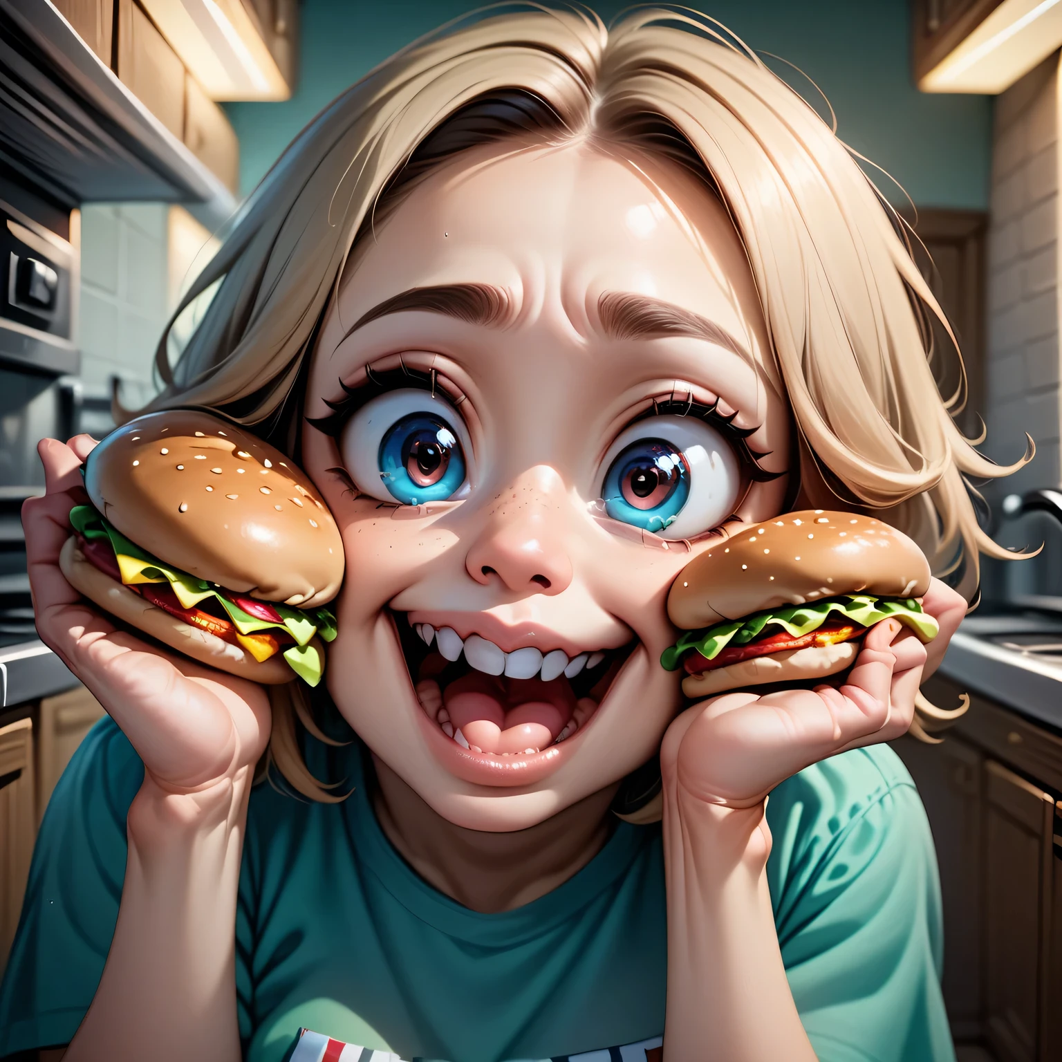 A big woman in the kitchen wants to bite a huge soft and juicy burger, open mouth, big teeth, big eyes, big mouth, humor, meme, Meme Diffusion, clearly, in detail