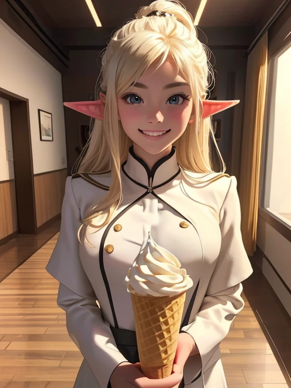 masterpiece,  best quality,  High Definition CG Unity 8k Wallpaper,((Upper body portrait)), (Xihua Street, indoor), (とてもcute１６Age Girl  ), (Bring me soft serve ice cream,  eats), ( long pointed ears ),  elegant long wave platinum blonde hair , ((Average Chest Circumference, Self-illuminating skin)), ((Unknown uniform style  )), (  white skin), (), , ( Happy smile), cute, Symmetrical face , fine grain, Key Art, Awards,  intricate detail realism hdr  ,  photorealism ,  hyperrealism , Ultra-realistic,  dramatic light  ,  Great views  ,  the depth of the written boundary