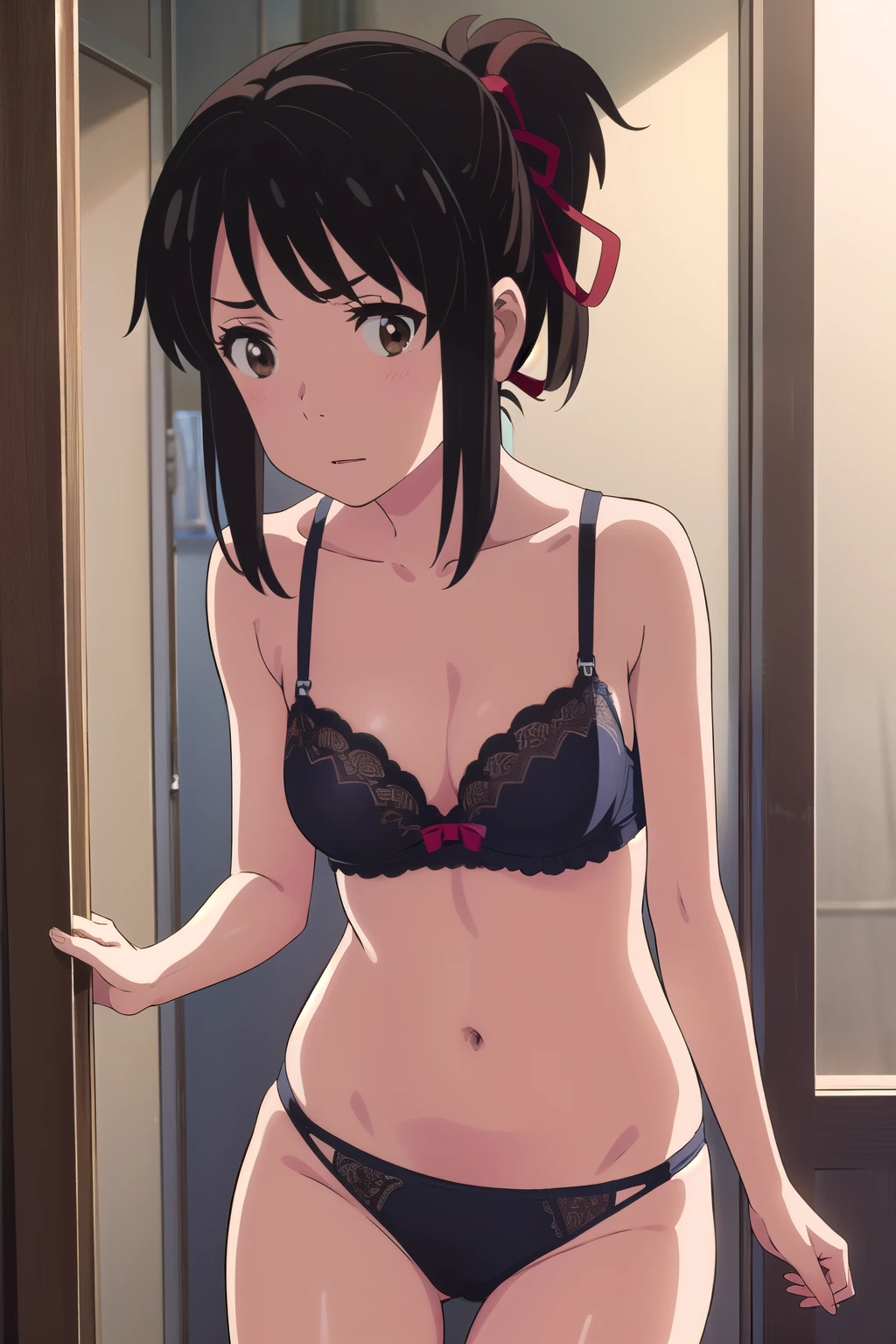 Hotaru tomoe ,1girl , anime , Black hair,  disappointed face , solo , bra , flat chest ,shorts ,fishnet thighhighs , looking at viewer , bedroom . 